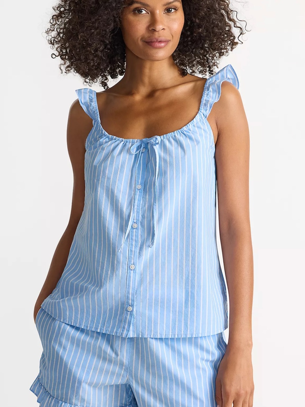 Lands End 2 piece pajamas Light Blue Striped Ruffle-Sleeve